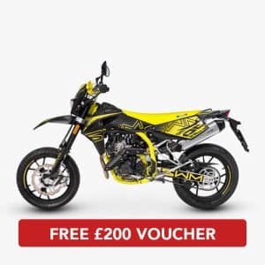 Side profile of SM125 E5 Super Moto Yellow Black motorbike