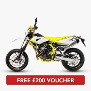 Side profile of SM125 E5 Super Moto Yellow White motorbike