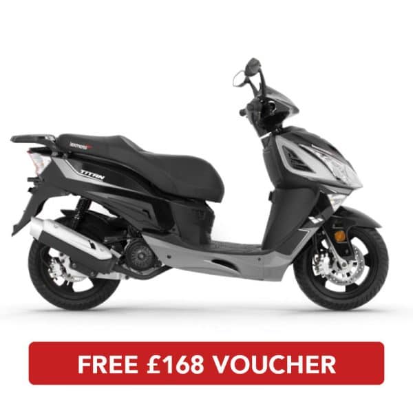 Side profile of Titan 125 E5 Scooter Black Grey motorbike