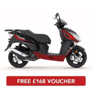 Side profile of Titan 125 E5 Scooter Black Red motorbike