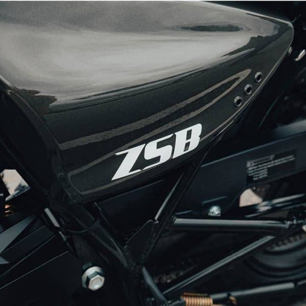 Close up of ZSB E5 motorbike blue seat